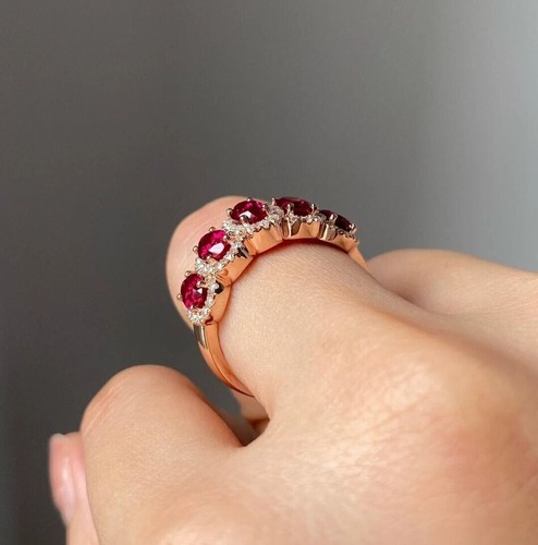2.80 Ct Oval Cut Simulated Pink Ruby Half Eternity Ring 14k Yellow Gold Plated - Picture 4 of 5