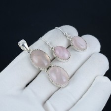 Rose Quartz Gemstone 925 Sterling Silver Pendant  Earrings Set For Love Gifts