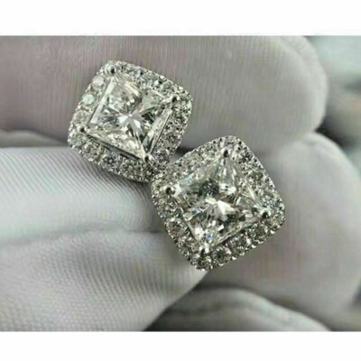 3CT Princess Simulated Diamond Halo Stud Earrings 14K White Gold Plated