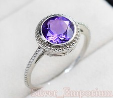 Sterling 925 Silver 8MM Round Natural Amethyst Gemstone Engagement Ring For Her