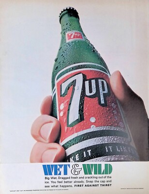 2 Vintage Print Ads 1960's 7-Up Wet & Wild Soaking Cold Big Wet Ice Live Big
