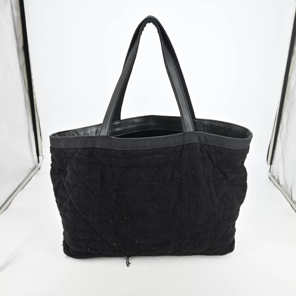 Vintage CHANEL black fabric canvas large tote bag with white