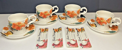 4x CORNER RUBY BOTANICAL COLLECTION BUTTERFLY TEA CUP & SAUCER + SPOON -SERVES 4