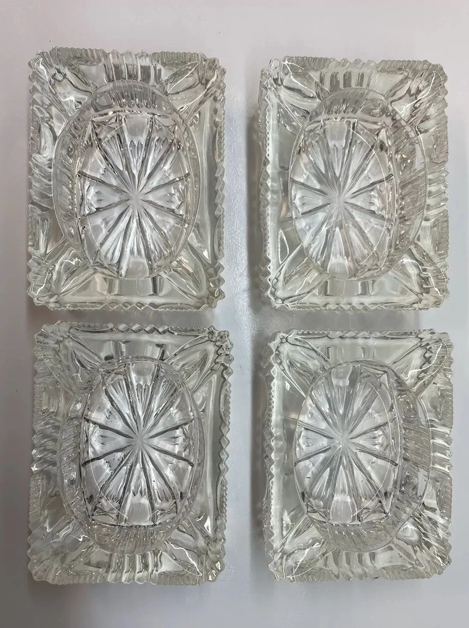 Set 4 Clear Cut Glass Rectangular Ash Tray Cellar Ribbed Sides Star Burst 4 Slot