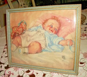 VINTAGE MAUD TAUSEY FANGEL FRAMED BABY PRINT 13" X 11" 
