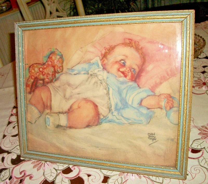 VINTAGE MAUD TAUSEY FANGEL FRAMED BABY PRINT 13" X 11" 