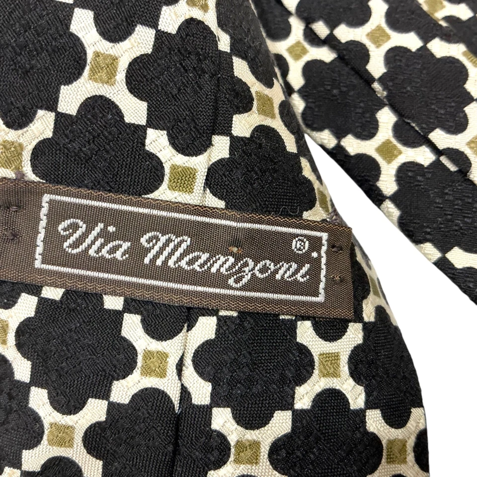 Corbata de seda italiana de colección VIA MANZONI para hombre negra dorada/verde crema/blanca/marfil Foto 3 de 4