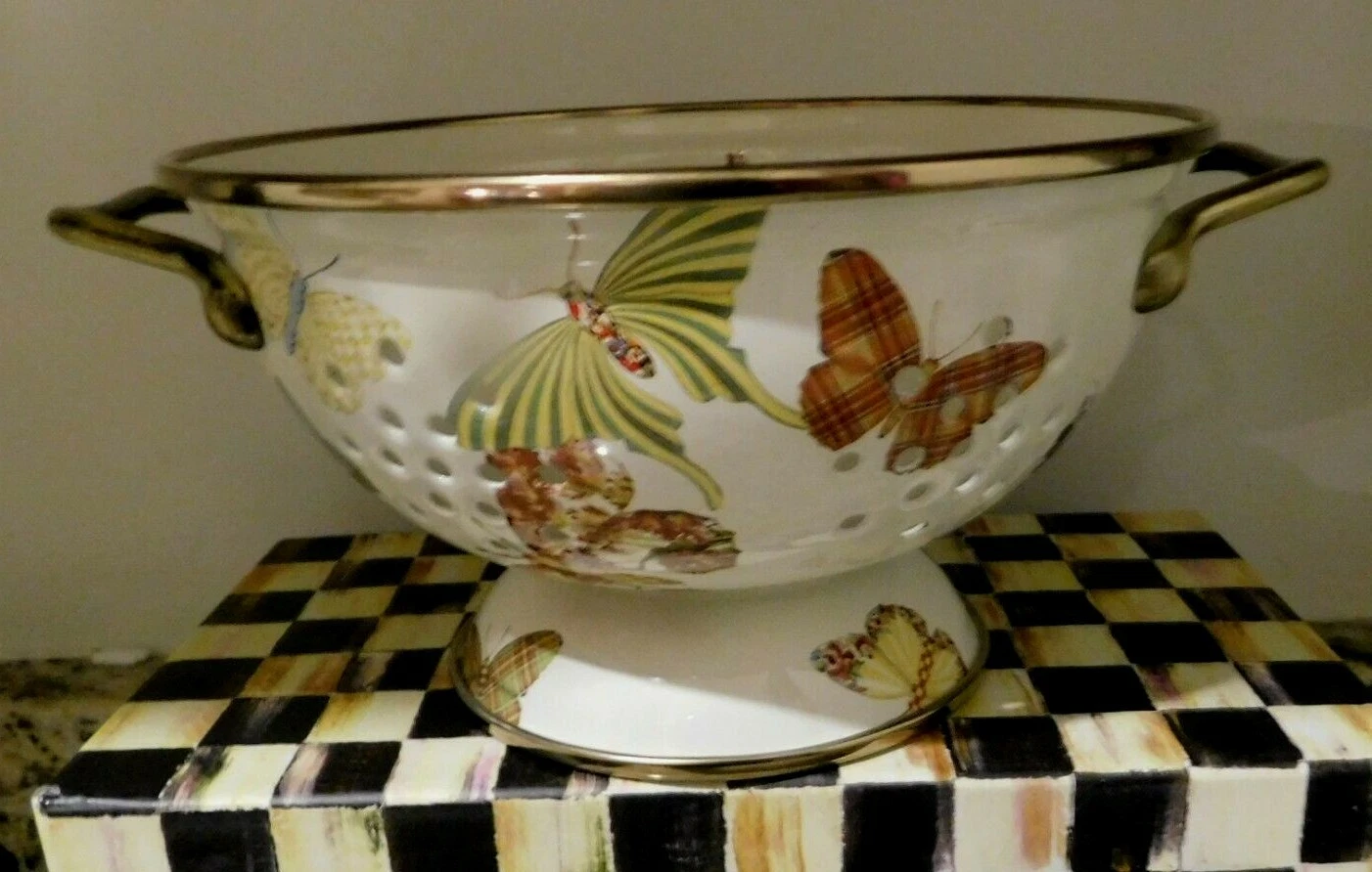 MACKENZIE-CHILD'S, BUTTERFLY GARDEN SMALL ENAMEL COLANDER,NEW,RETIRED