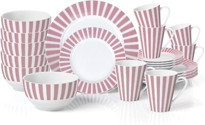24tlg Geschirrset Porzellan Geschirr Teller Pastaschalen Kaffeetassen groß Tasse rosa