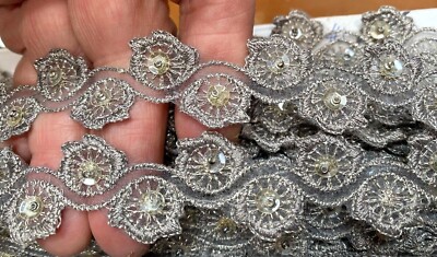 embroidered trim hand sewn 7/8'' glass beads sequins light gray 1yd
