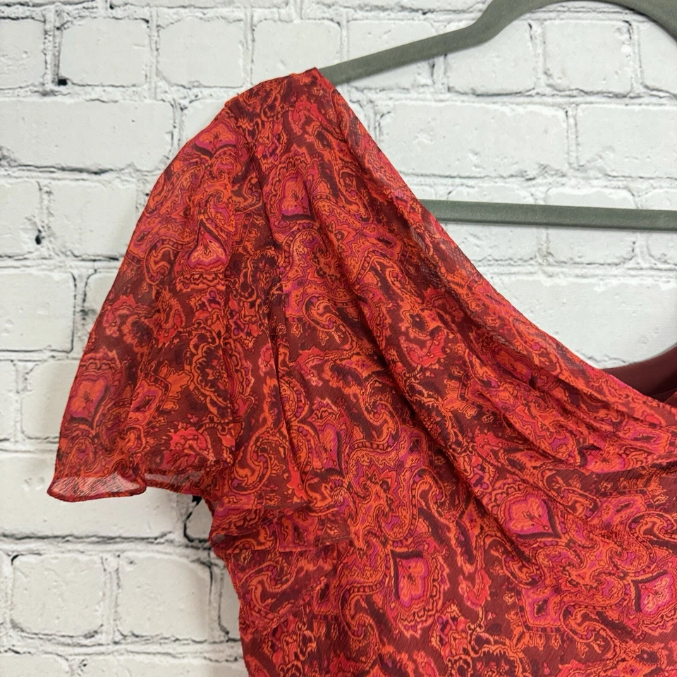 Vestido midi de gasa con cuello drapeado de seda rojo estampado múltiple talla 18 Coldwater Creek para mujer Foto 3 de 4