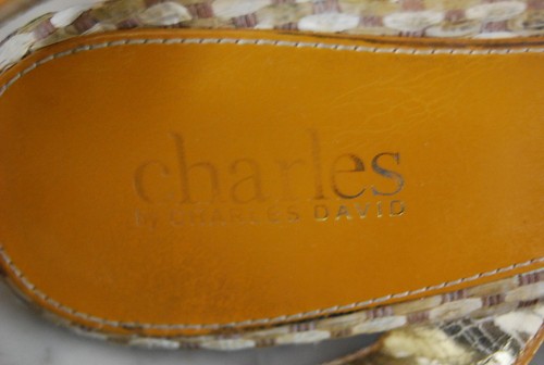 CHARLES DAVID CAMEL COLOR LEATHER HIGH HEEL WEDGE ANKLE STRAP SANDALS SIZE 7.5 M - Picture 10 of 10