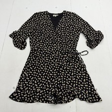 LOFT Dress Womens 2P Black Floral V Neck Wrap 3/4 Bell Sleeve Short Casual