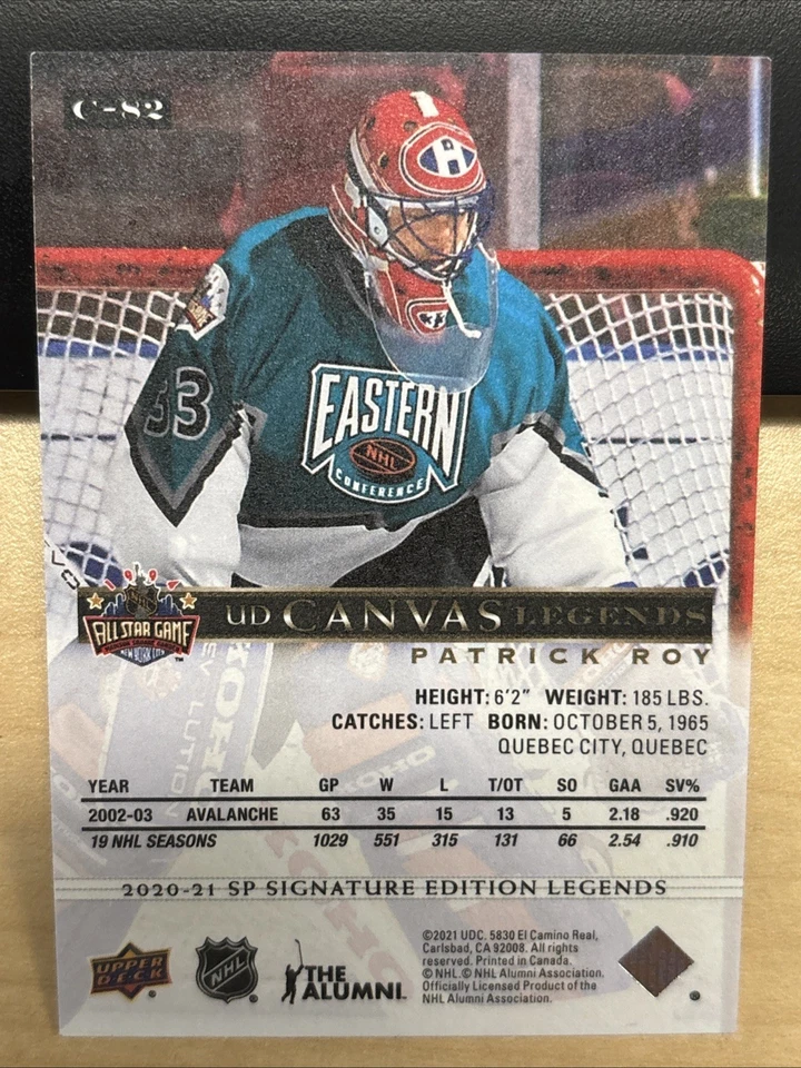2020-21 20/21 SP Signature Edition Legends UD Canvas C-82 Patrick Roy Canadiens - Image 2 of 2