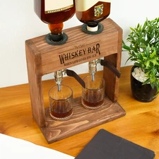 Handcrafted Double Whiskey Dispenser Set, Custom Engraved Bar Stand with Glass