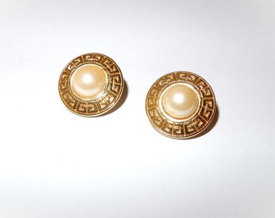 Vintage Signed GIVENCHY PARIS NEW YORK Pierced Earrings Faux Pearl Gold Plated