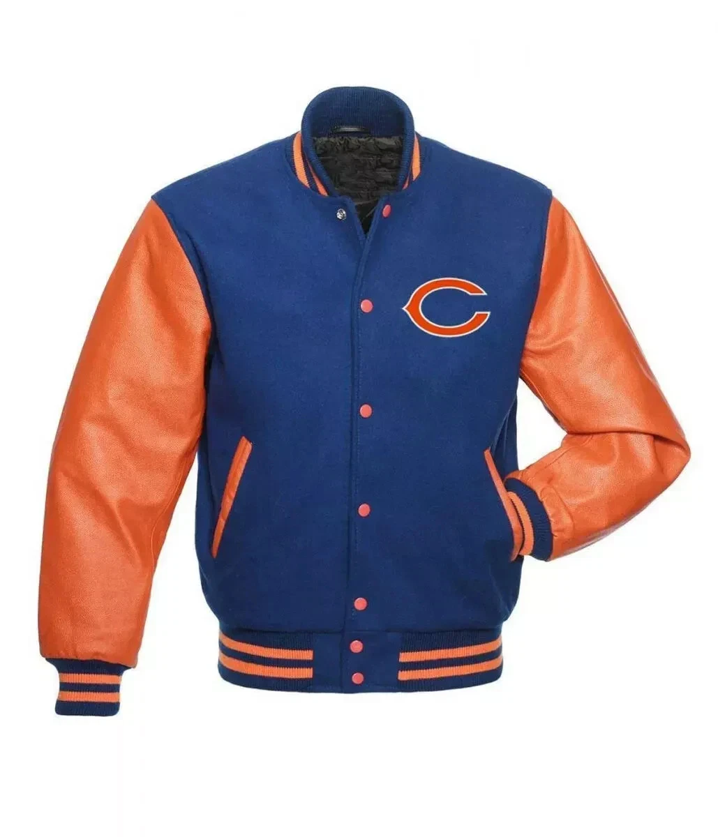 Chicago Bears Varsity Jacket Blue / Orange Wool & Leather Bomber Style Coat