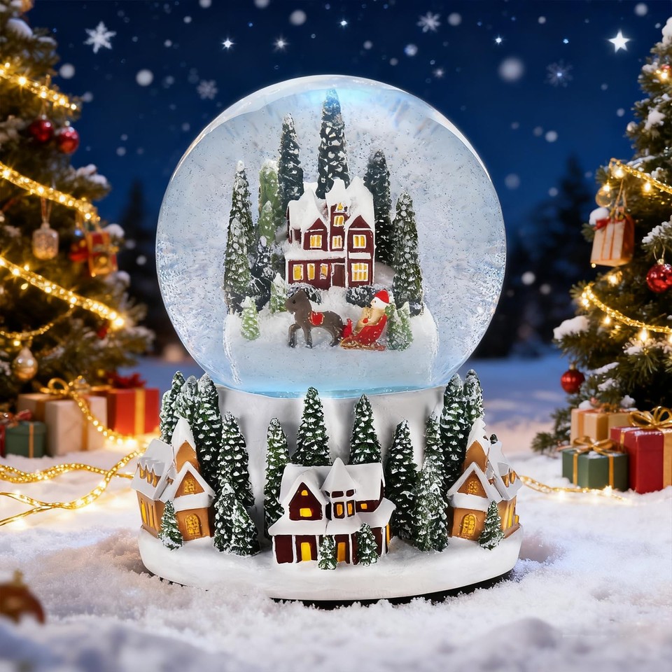Christmas Village Snow Globe Lantern Musical Lighted Snowy Mountain ...