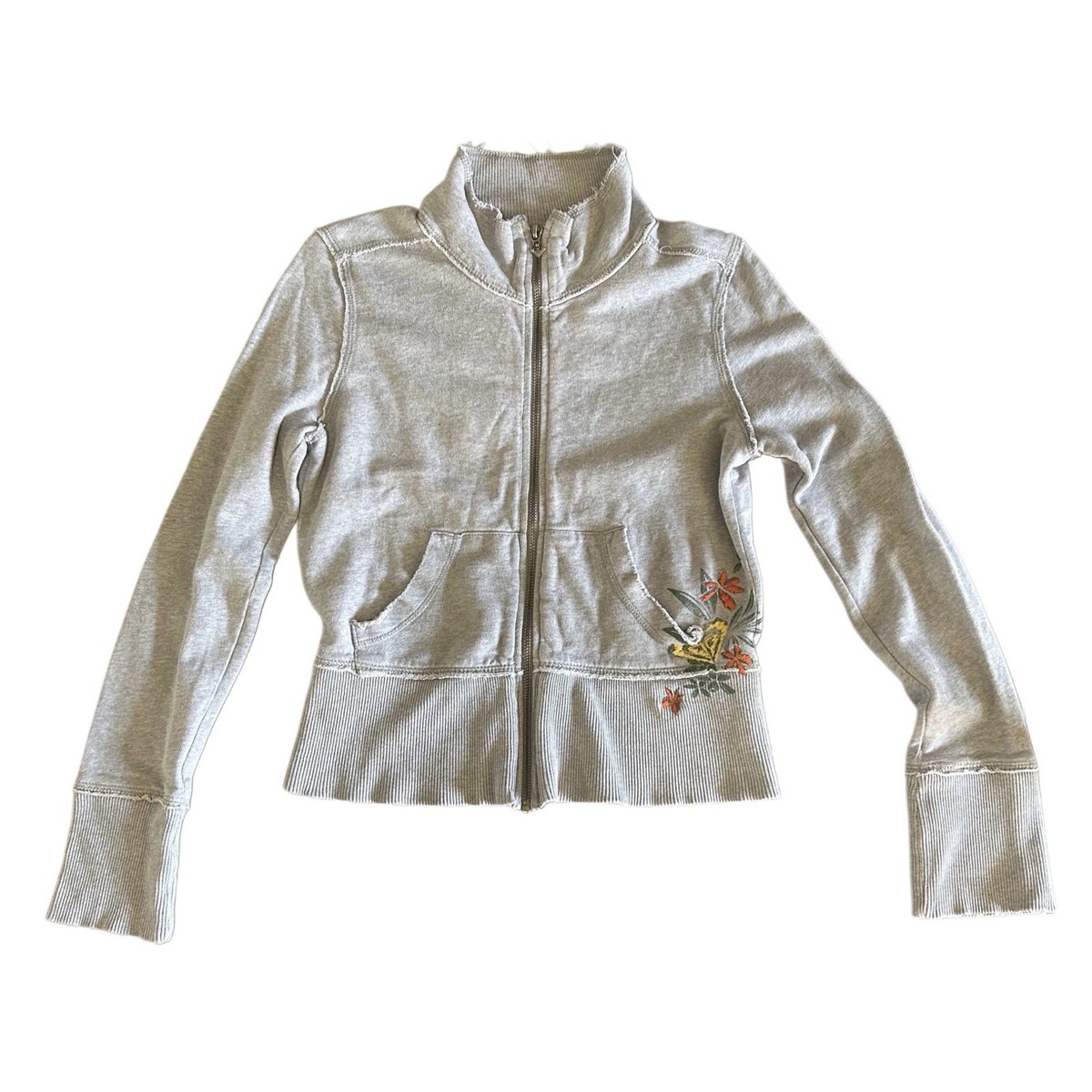 Vintage Roxy Zip Up Sweatshirt Embroidered Flowers Long Cuffs