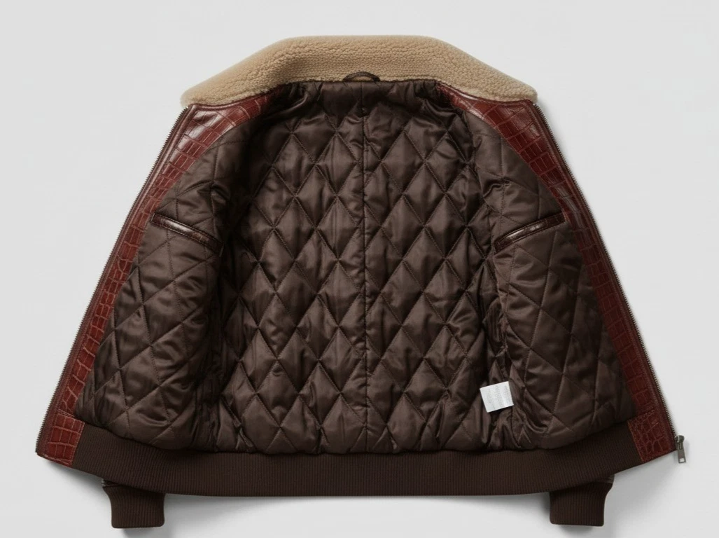 Men,s Real Crocodile Embossed Leather Jacket Shearling Collar Bomber Coat Brown. image 11