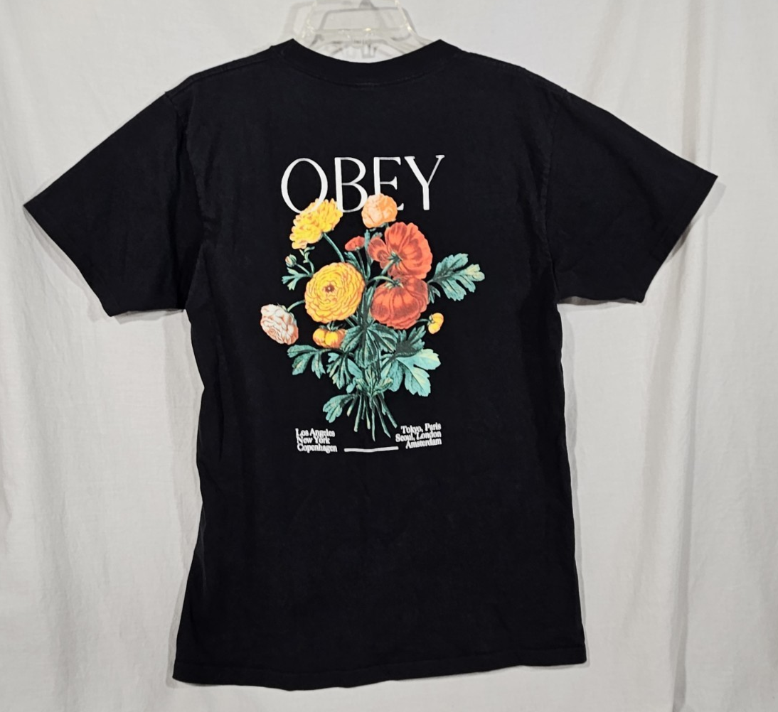 チャンピオンシップセット -ILLUSTRATIONS- 01 OBEY Flower Bunch Tee Floral Graphic Mens Medium M Black Cotton