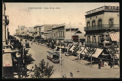 Ansichtskarte Montevideo, Calle 18 de Julio, Strassenbahn 