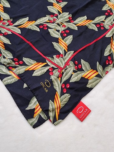 Vintage Oscar de la Renta Silk Scarf - Navy Holly Berry Holiday Print 34" Square