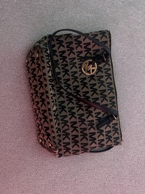 Michael Kors Brown/Black Logo Zip Shoulder Bag Gold-Tone Hardware Detachable