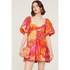 Farm Rio Summer Garden Mini Dress Floral Puff Sleeve Back Tie Orange Pink Sz XS