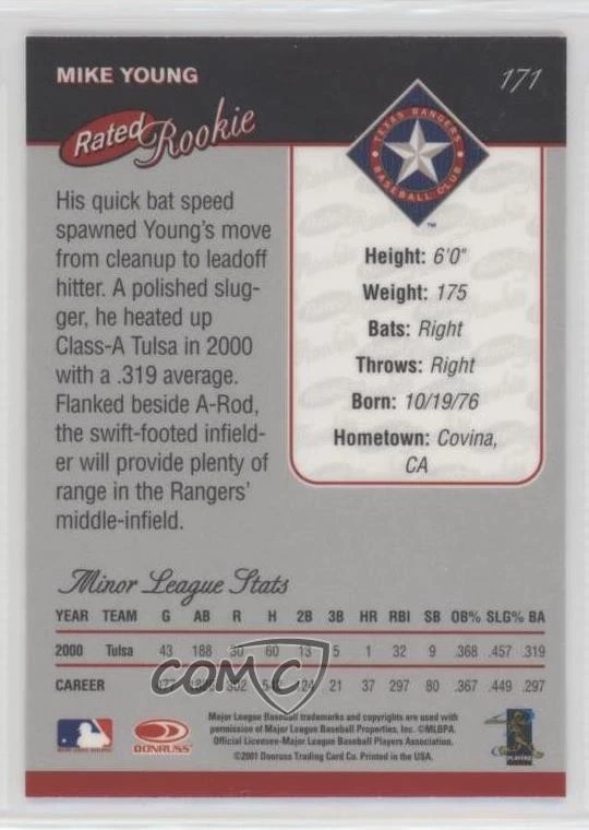 2001 Donruss Rated Rookie Baseball's Best Bronze Michael Young #171 - Image 2 of 2