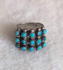 Early Zuni Sterling Silver Snake Eye Ring Turquoise 3 Row 15 Stones Size 7.5