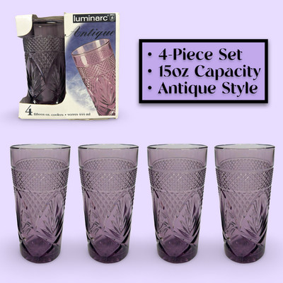 4x VTG Luminarc Antique Amethyst Purple Glass 15 oz Cooler Highball Tumbler NIB