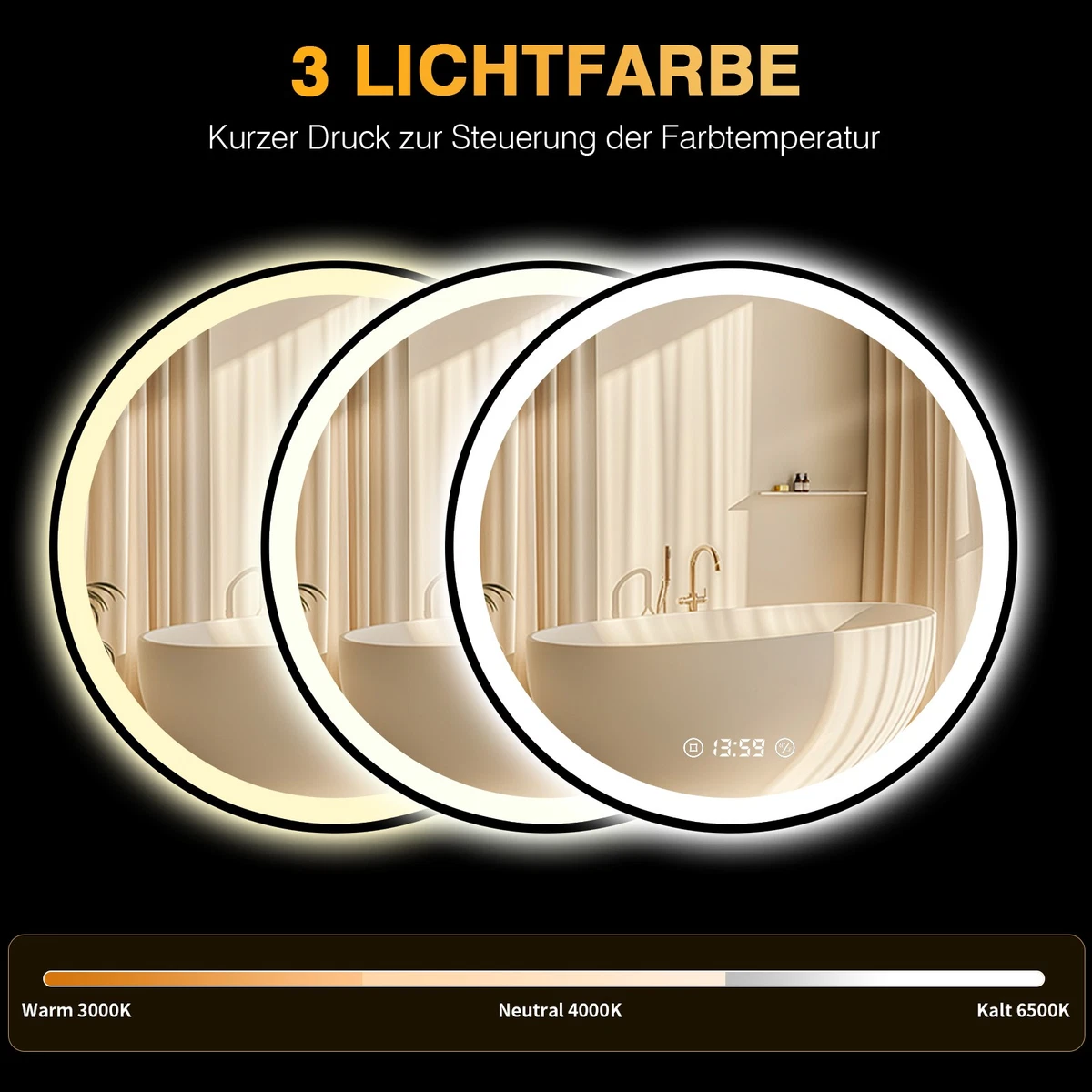 LED Badspiegel Rund Schwarzrahmen Uhr Temperatur Touch Dimmbar Antibeschlag 60cm