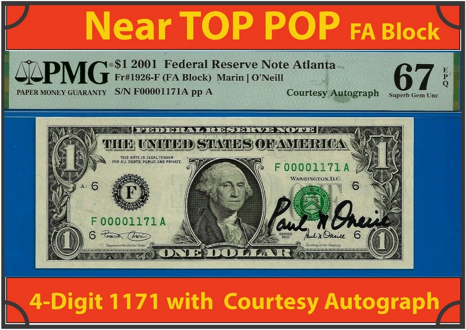 2001 $1 Federal Reserve Note PMG 67EPQ 2nd finest courtesy autograph low serial - Image 3 of 4