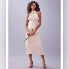 $298 Reformation Kailey Almond Silk Halter Midi Dress Womens 8 Bridesmaid Party