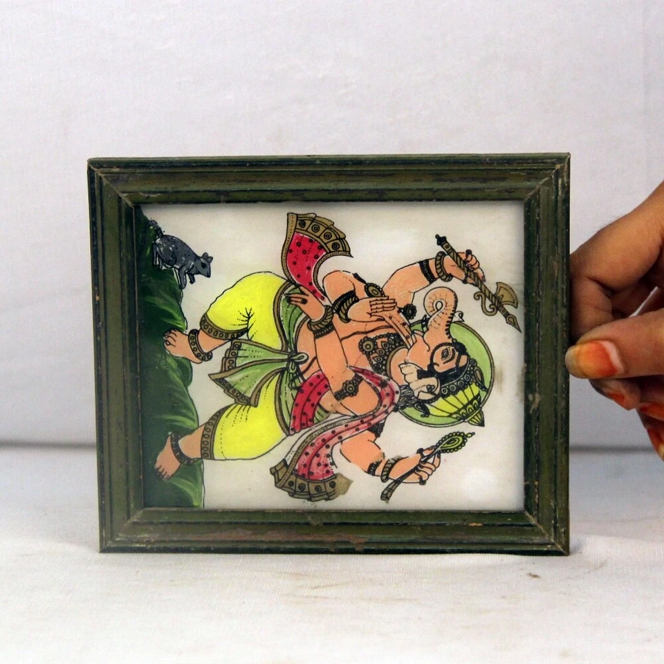 Beautiful Dancing Ganesha painted Wooden Glass Print Framed Collectible 11238 - Image 4 of 4