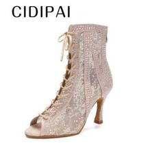 Women High Top Latin Dance Shoes Rhinestone Sexy Soft Sole Party Dance Boots