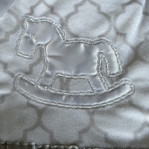 Mary Jane & Buster Rocking Horse Baby Blanket Gray White Silky Satin Edge - Picture 5 of 10