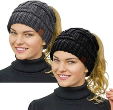 Rosoz Womens Ponytail Beanie Winter Hat 7 1/8-7 7/8, 2pack-black/Grey 