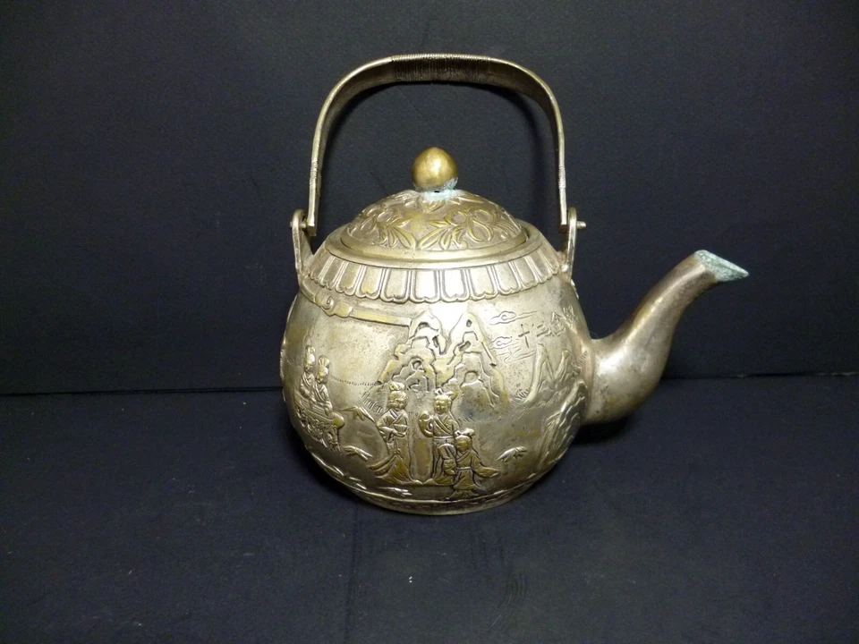 Grabados chinos grabados de tetera/tetera de metal C.1900 Super 3286 Foto 3 de 4