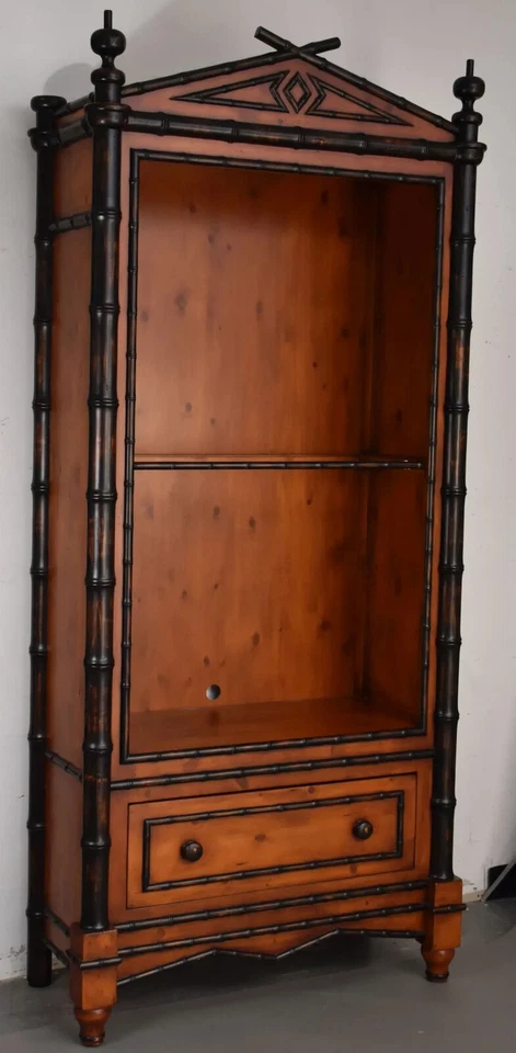Antique Bookcase/Display Cabinet Pine with Black Bamboo Motif - Image 2 of 4