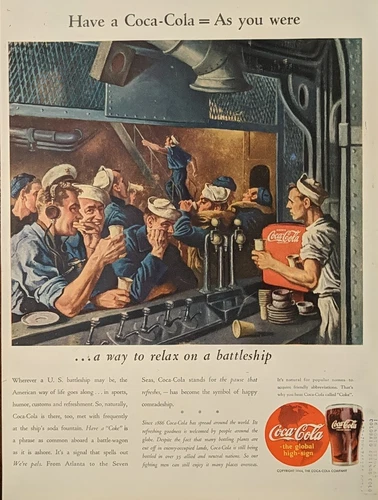 1943 Vintage WW2 Navy Battleship Enjoying Refreshing Coca Cola Print Ad
