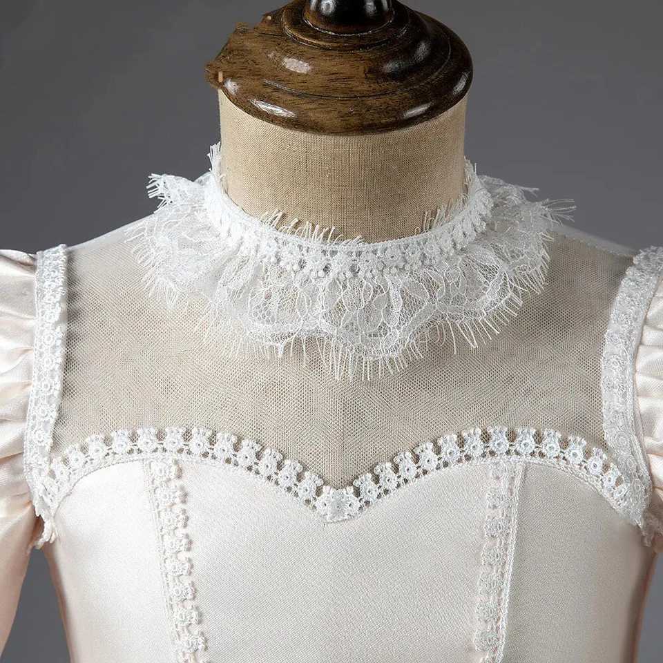 Elegent Satin High Neck Girl Dress with Sleeve Kids Princess Birthday Party Gown - Image 2 of 4