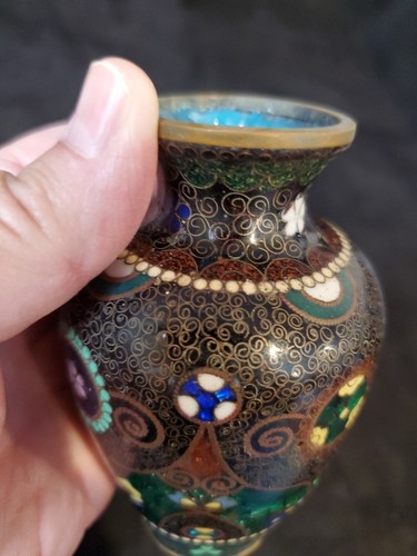 Antique Chinese Cloisonne Vase Multi Color Beautiful Design Blue Interior - Picture 17 of 24
