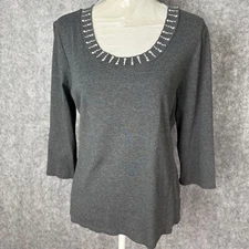 Style & Co Womens Large Sweater Gray Embellished Bling Scoop Neck 3/4 Sleeve