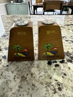 Vintage MCM Salt and Pepper Shakers Wooden Flamingo and Palm Tree