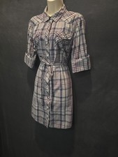 Tommy Hilfiger Red White Blue Plaid 3/4 Sleeve Snap Up Belted Shirt Dress L