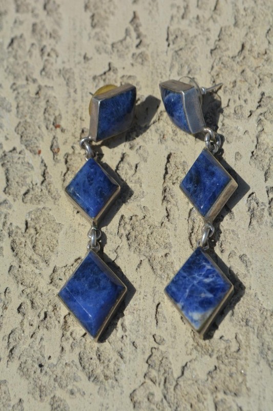 Sterling Silver Triple Drop Diamond Shape Lapis Lazuli Earrings Mexico TT-37