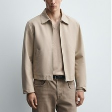 ZARA Men  s Textured Canvas Zip Jacket in Taupe Beige Old money Size M