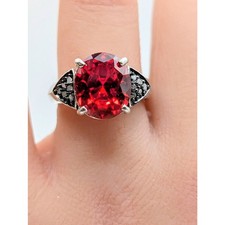 925 Sterling Silver Oval Spessartite Garnet Diamond Ring Size 7